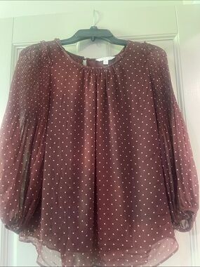 LC Lauren Conrad Brown Polka Dot Pleated Blouson Sleeve Top